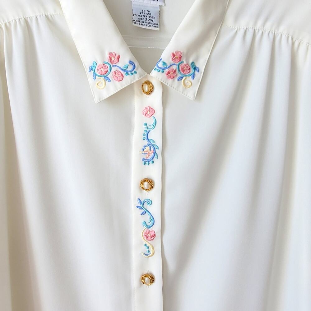 Women 80s Embroidered Floral Ivory Blouse Top Shirt 2X Cottage Retro Vtg Career